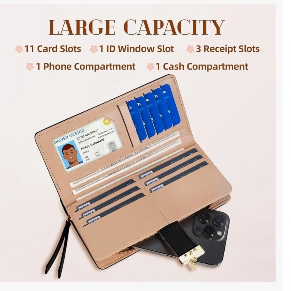 Women's Long Leaf Bifold Wallet Leather Card Holder Purse Elegant Clutch ( new)